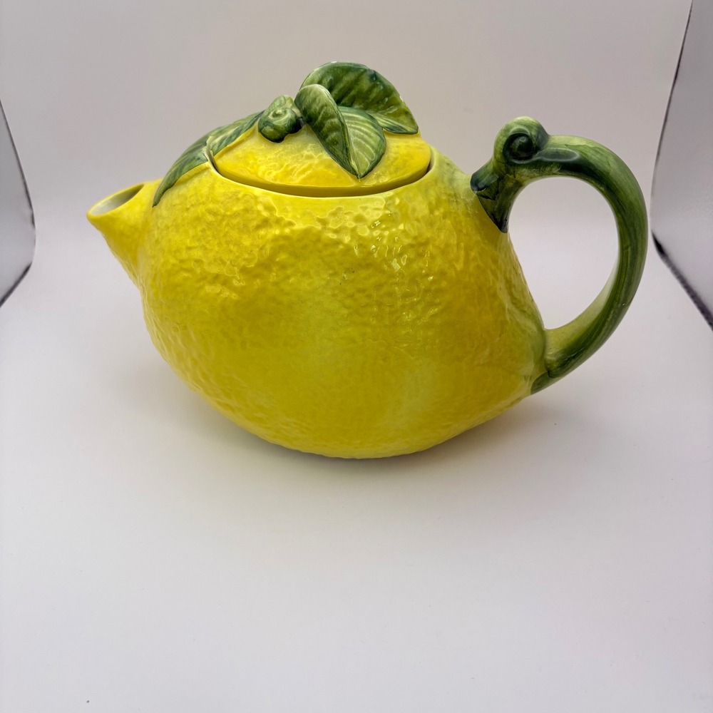 Vintage Lemon Teapot Yellow Ceramic Made in Italy Green Leaf Lid READ